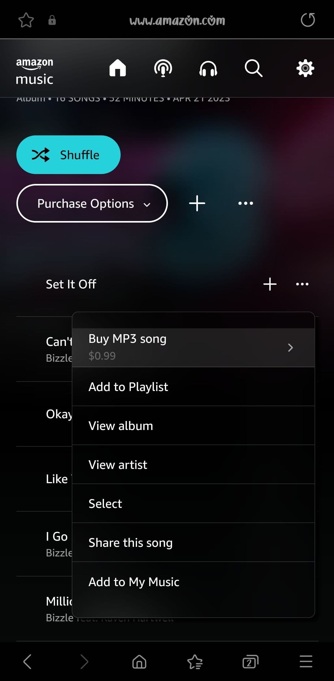 Η επιλογή Αγορά τραγουδιού MP3 στον ιστότοπο της Μουσικής Android σε ένα πρόγραμμα περιήγησης για κινητά.