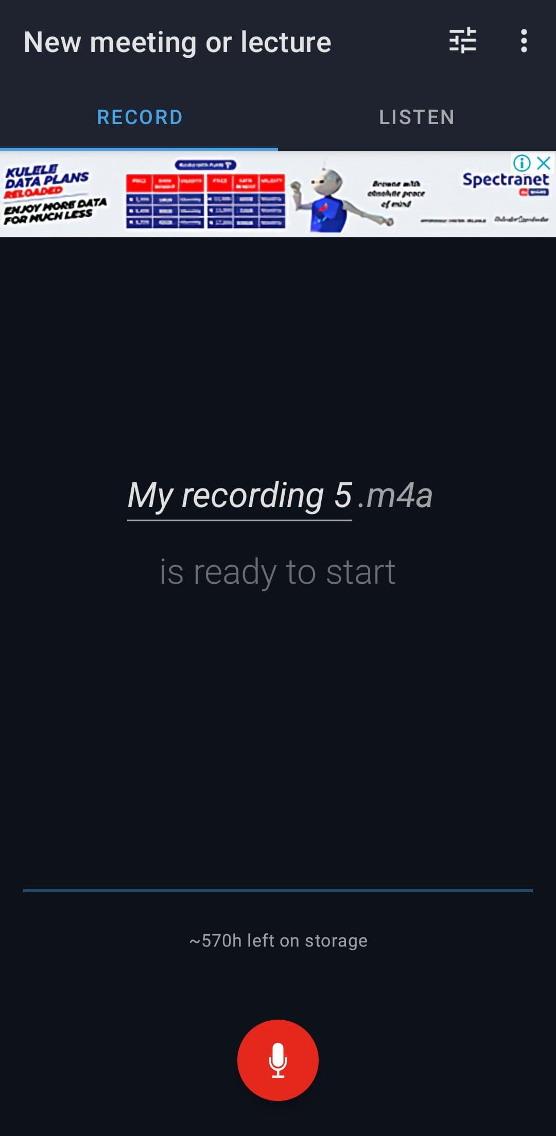 Μενού εγγραφής στην εφαρμογή Easy Voice Recorder