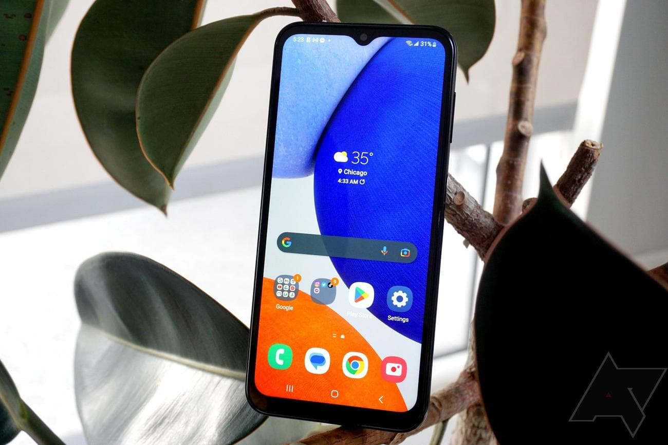 A Samsung Galaxy A14 in a tree