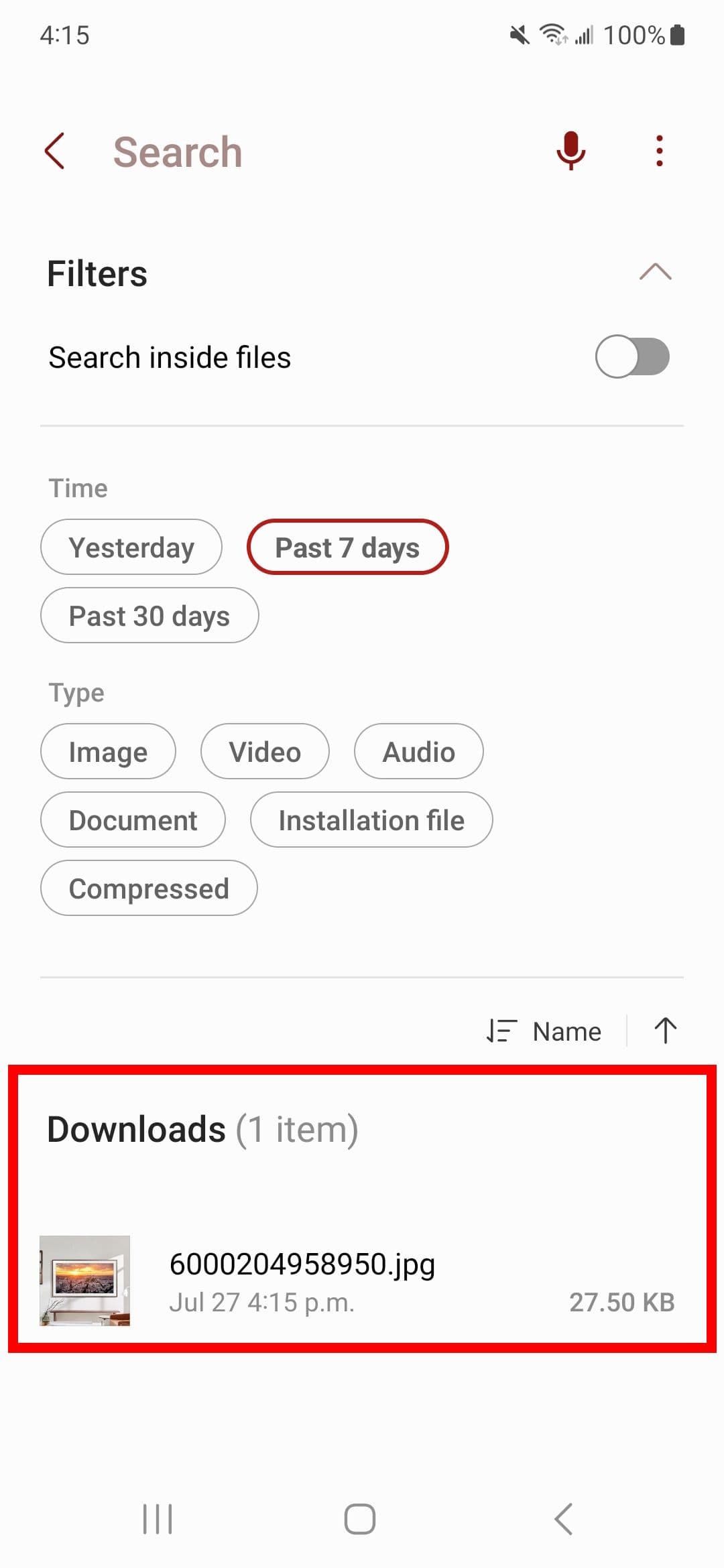 Κόκκινο ορθογώνιο περίγραμμα στο αρχείο λήψης που αναζητήθηκε στο Samsung My Files