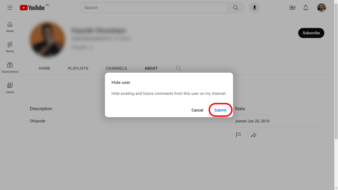 Επιβεβαίωση της επιλογής σας να αποκλείσετε ένα κανάλι YouTube