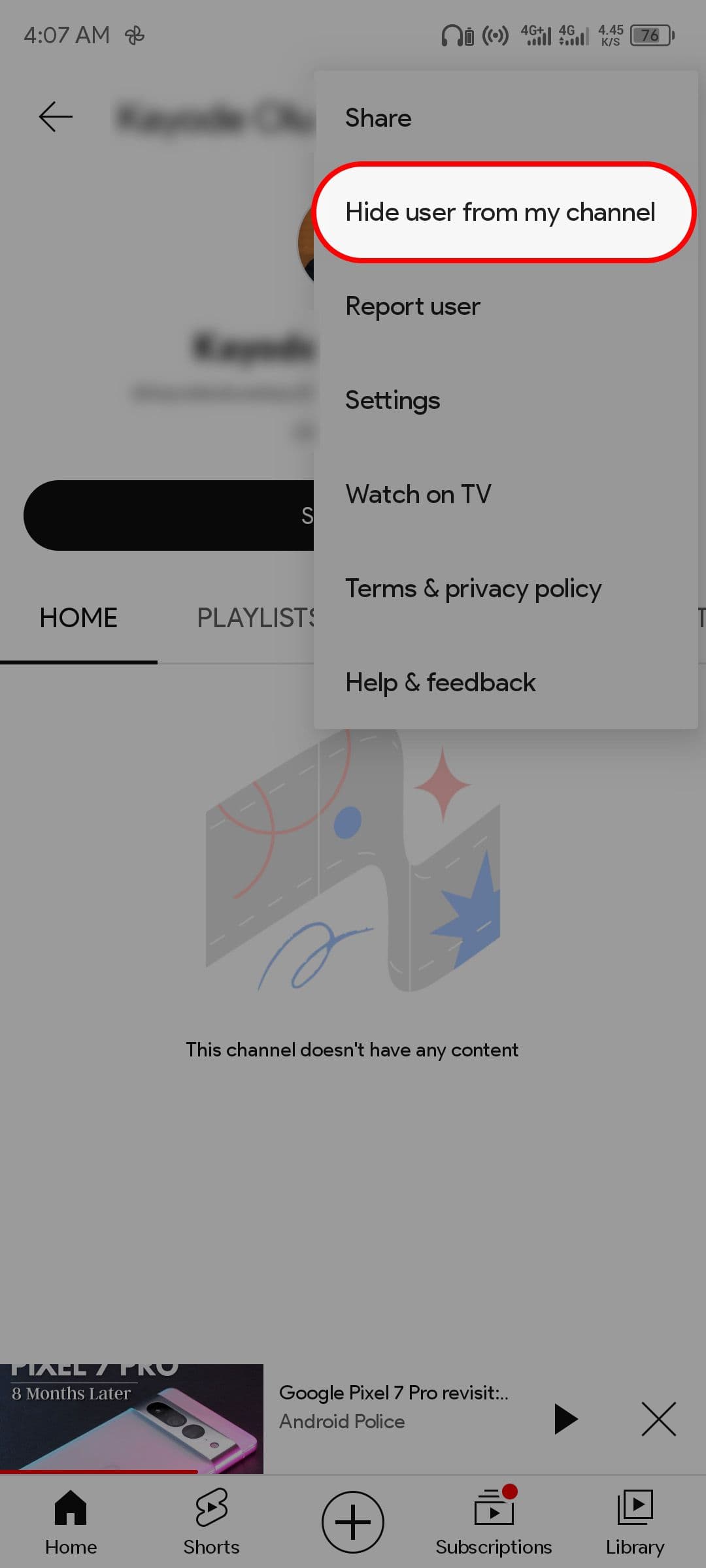 Το κύριο μενού του YouTube που δείχνει το κουμπί απόκρυψης χρήστη από το κανάλι μου στην εφαρμογή YouTube