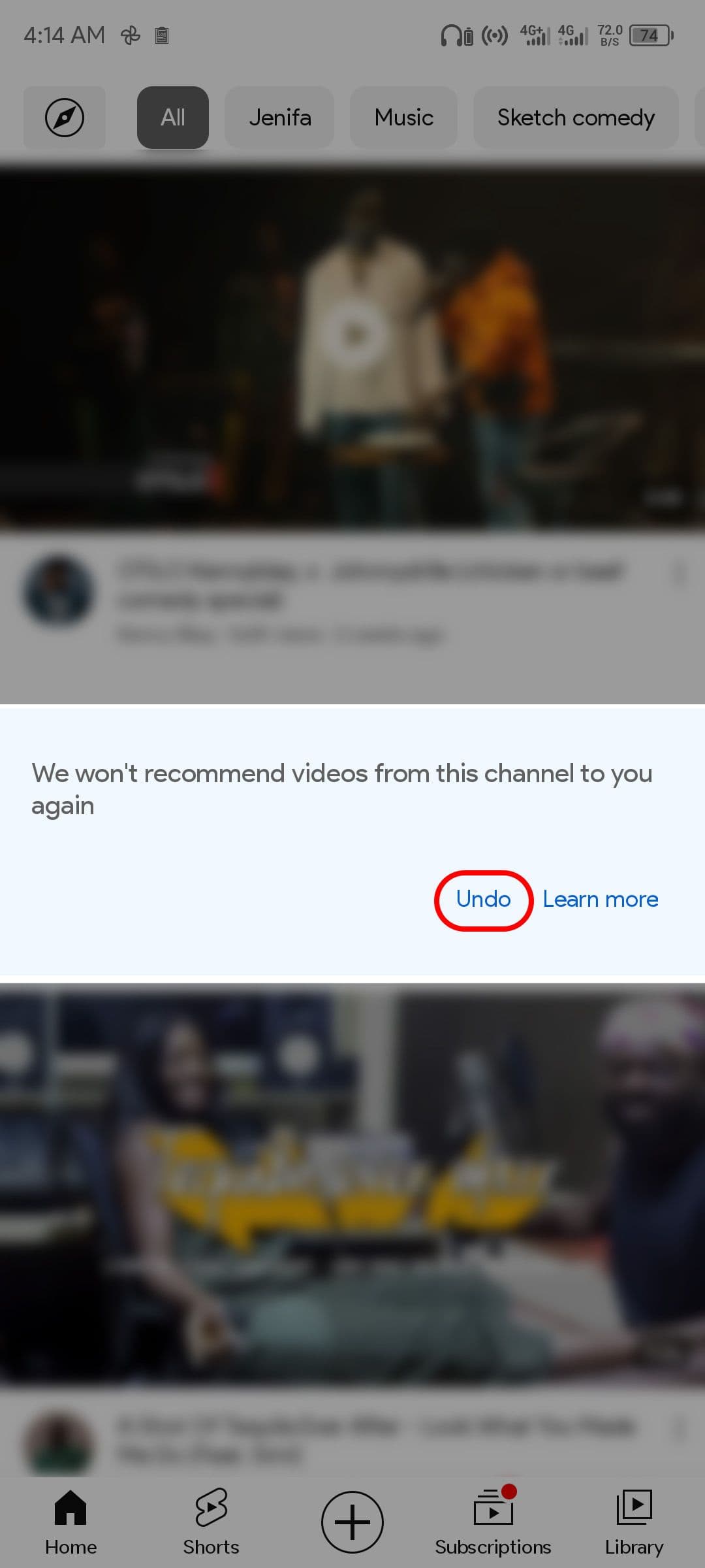 Επιλογή αναίρεσης της ενέργειάς σας για να σταματήσετε να προτείνετε ένα κανάλι YouTube