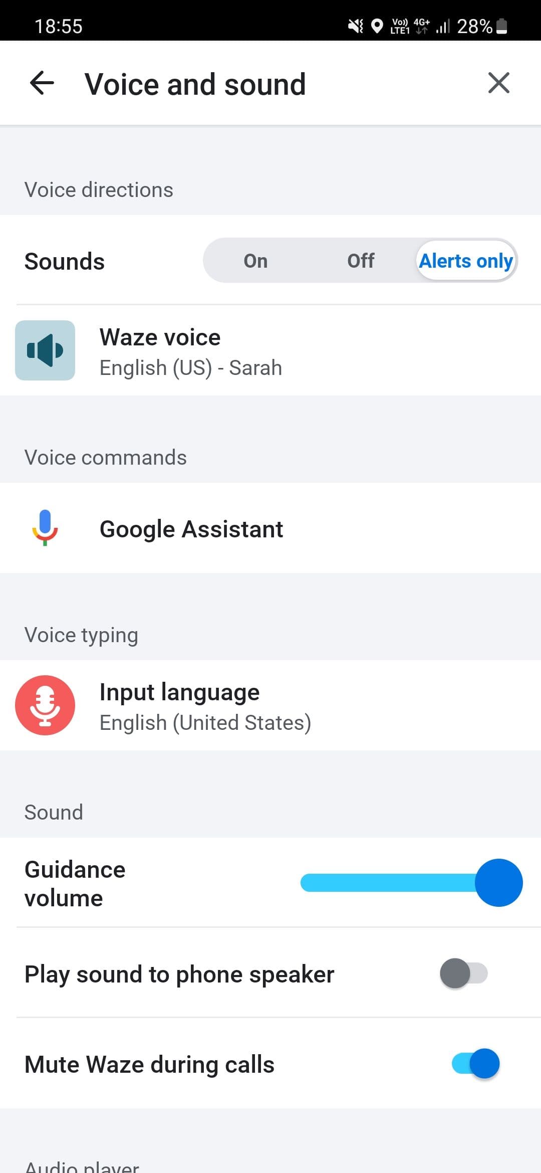 Η σελίδα ρυθμίσεων φωνής και ήχου Waze δείχνει την επιλογή εγγραφής φωνής Waze