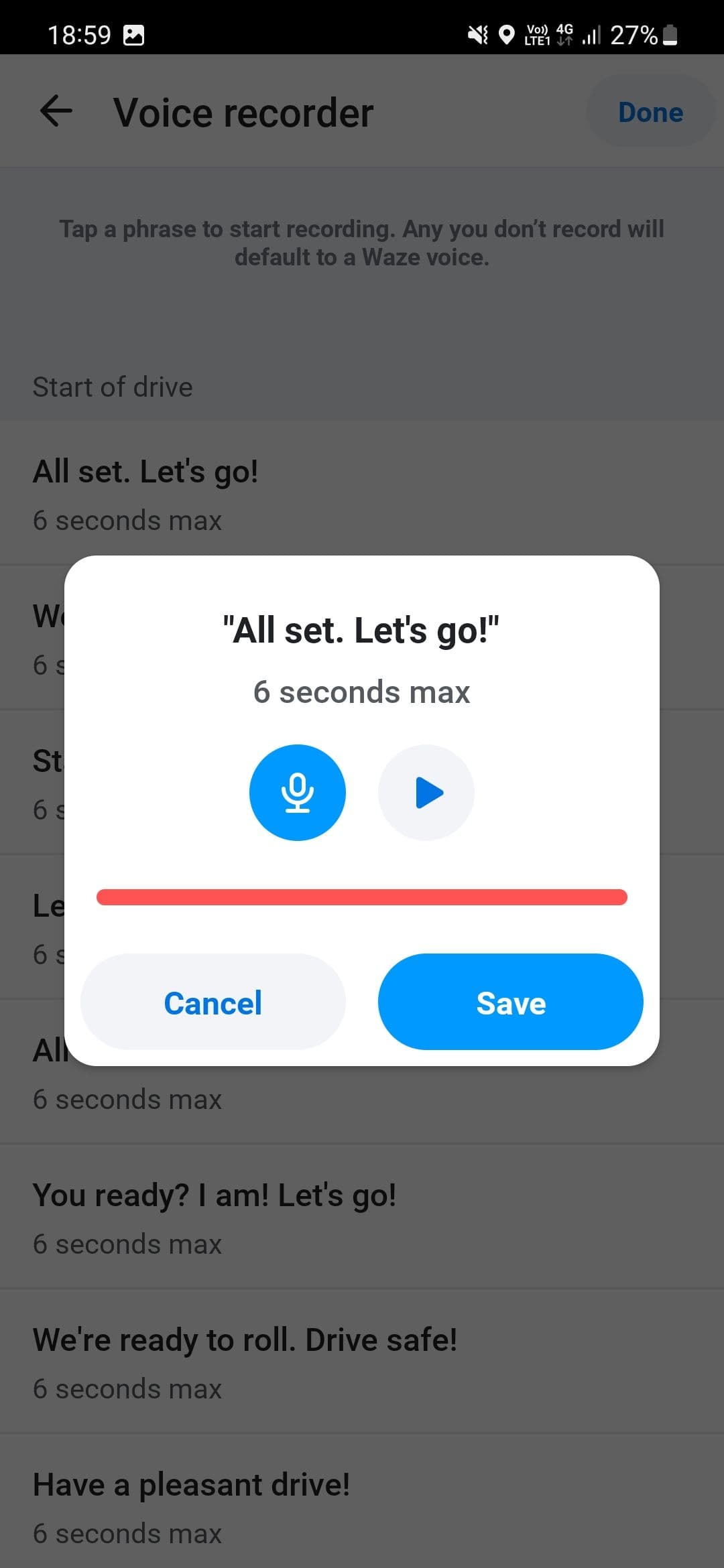 Το Waze Voice Recorder που εμφανίζει τα κουμπιά εγγραφής και αναπαραγωγής