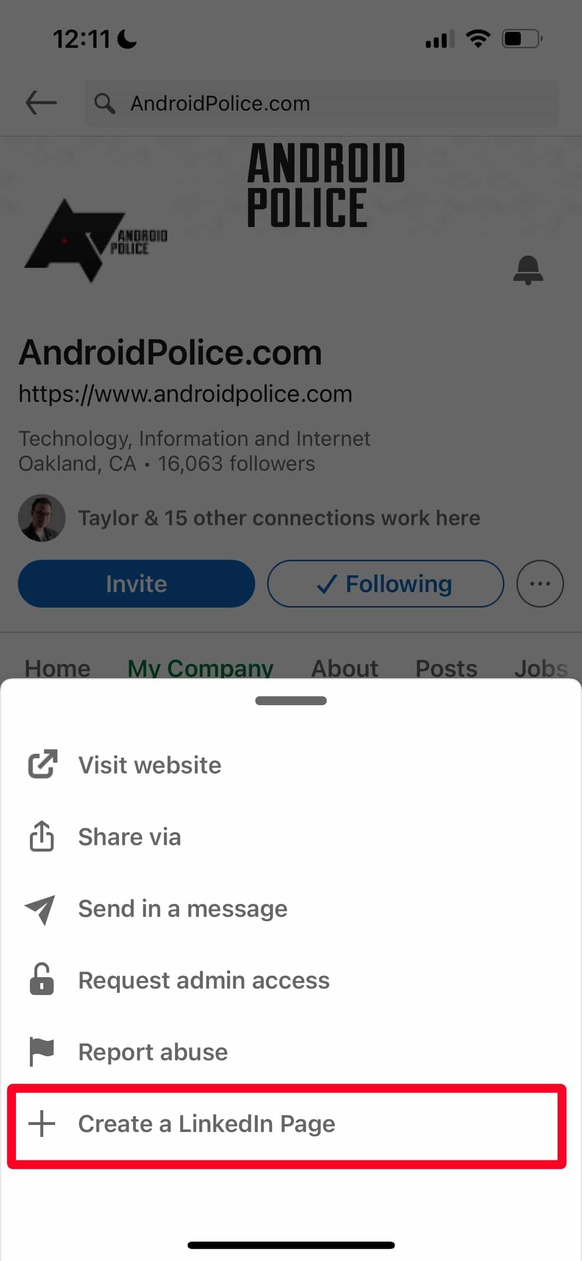 Επιλέγοντας την επιλογή Δημιουργία σελίδας LinkedIn στην εφαρμογή LinkedIn iPhone