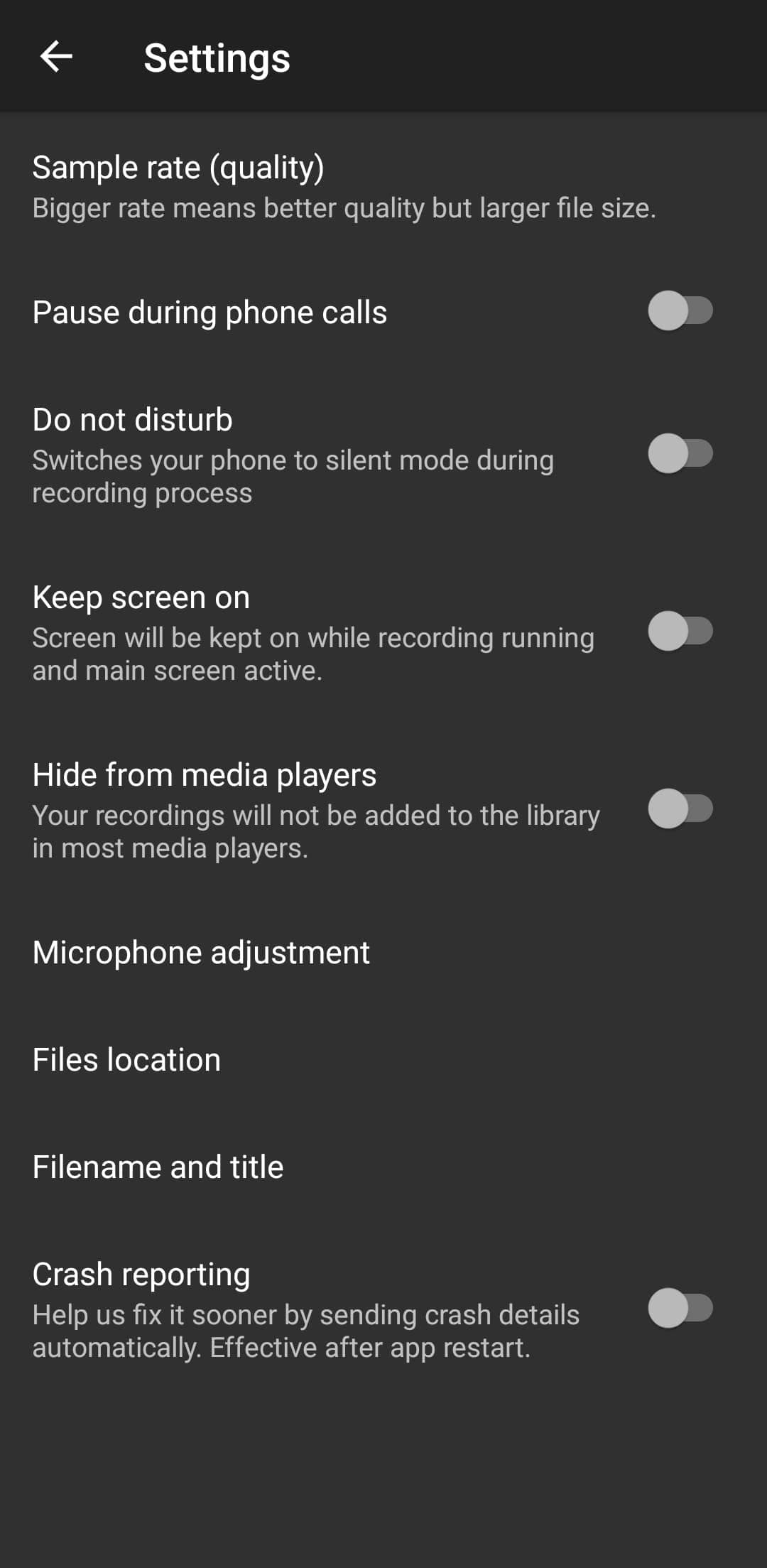 Μενού Ρυθμίσεις Smart Voice Recorder
