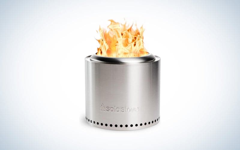 The Solo Stove Ranger 2.0 fire pit with a fire going inside