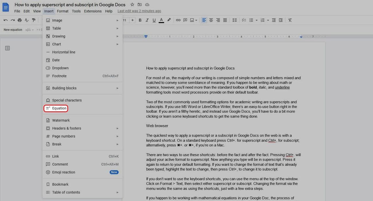Το μενού Εισαγωγή στα Έγγραφα Google εμφανίζει την επιλογή Εξίσωση