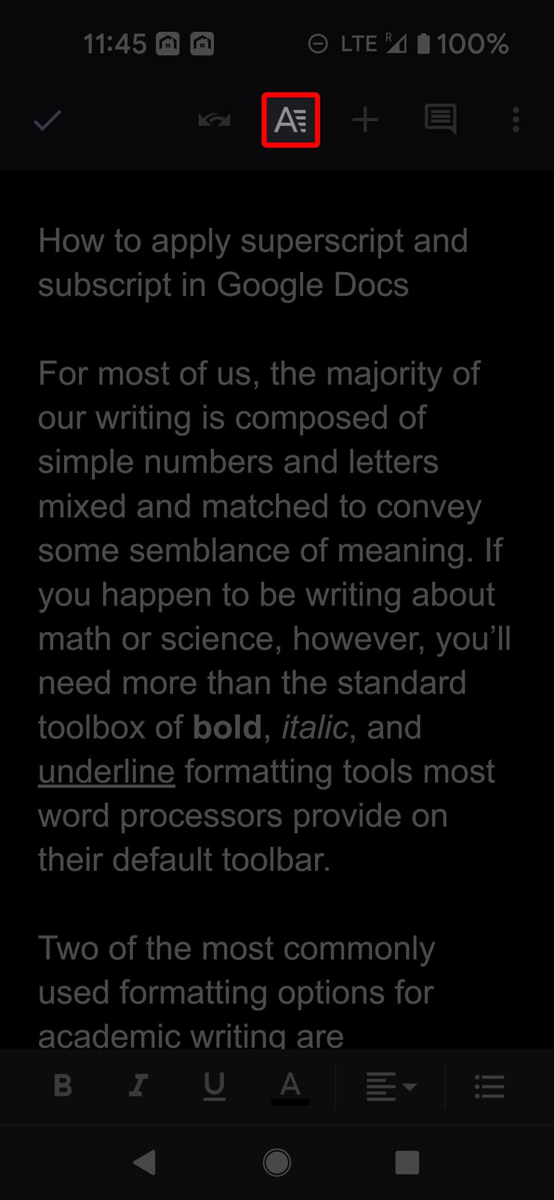 Το κουμπί Μορφοποίηση κειμένου στην εφαρμογή Έγγραφα Google για κινητά