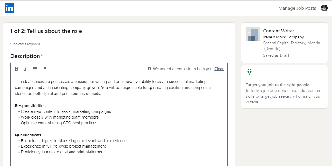 Γράψτε μια περιγραφή θέσης στη σελίδα Πείτε μας για τον ρόλο στον ιστότοπο του LinkedIn