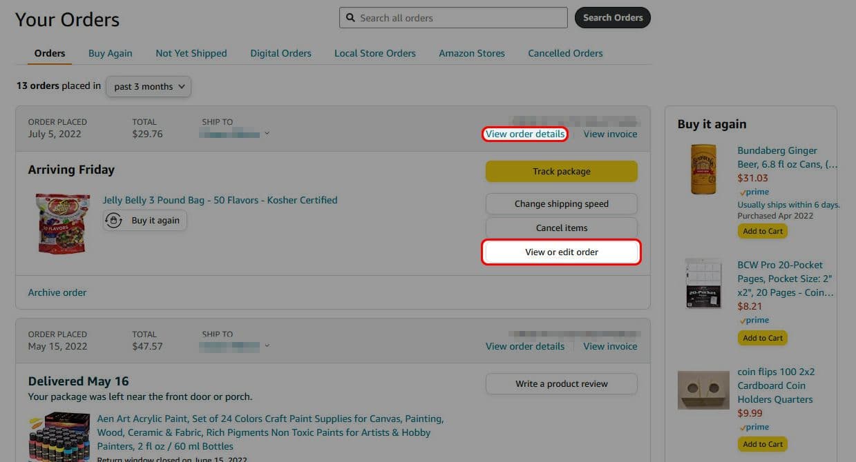 Κάντε κλικ στην Προβολή ή επεξεργασία παραγγελίας ή Προβολή λεπτομερειών παραγγελίας στη σελίδα παραγγελιών Amazon