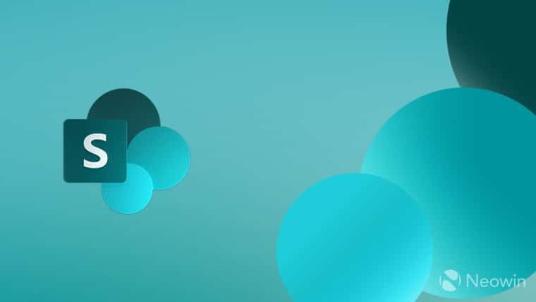 A Sharepoint logo with blue concentric circles on the right on a blue background