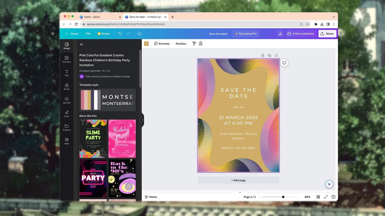 Canva interface showing a newly designed invitation