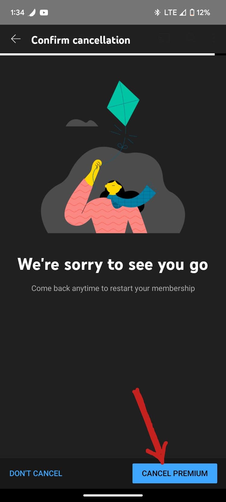 Κουμπί εμφάνισης στιγμιότυπου οθόνης για επιβεβαίωση ακύρωσης του YouTube Premium