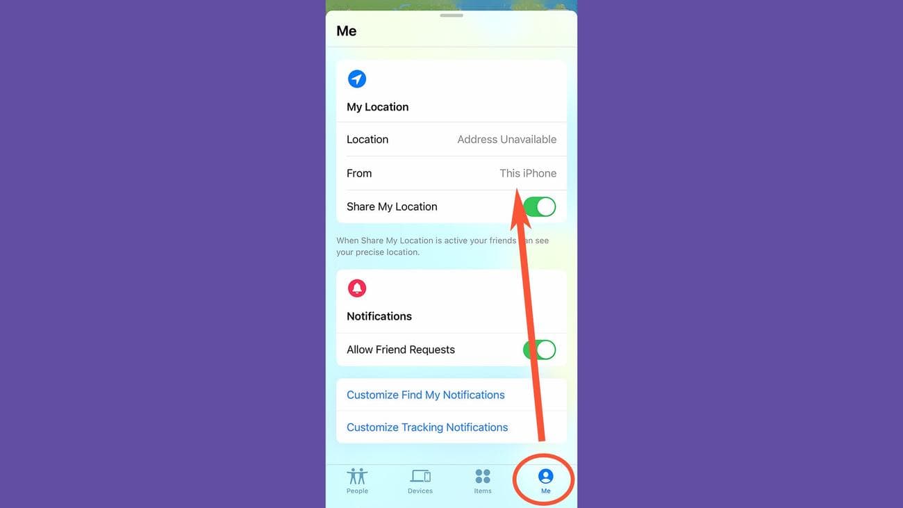 Η εφαρμογή Find My της Apple εμφανίζει τη ρύθμιση για τη χρήση του iPhone σας για κοινή χρήση της τοποθεσίας σας.