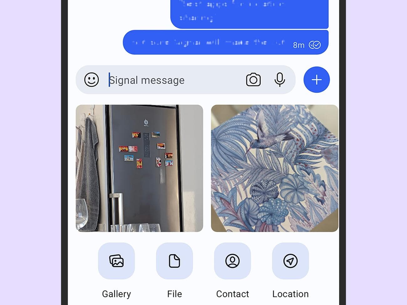 Η εφαρμογή ανταλλαγής μηνυμάτων Signal, που εμφανίζει επιλογές, συμπεριλαμβανομένου του τρόπου κοινής χρήσης της τοποθεσίας σας.