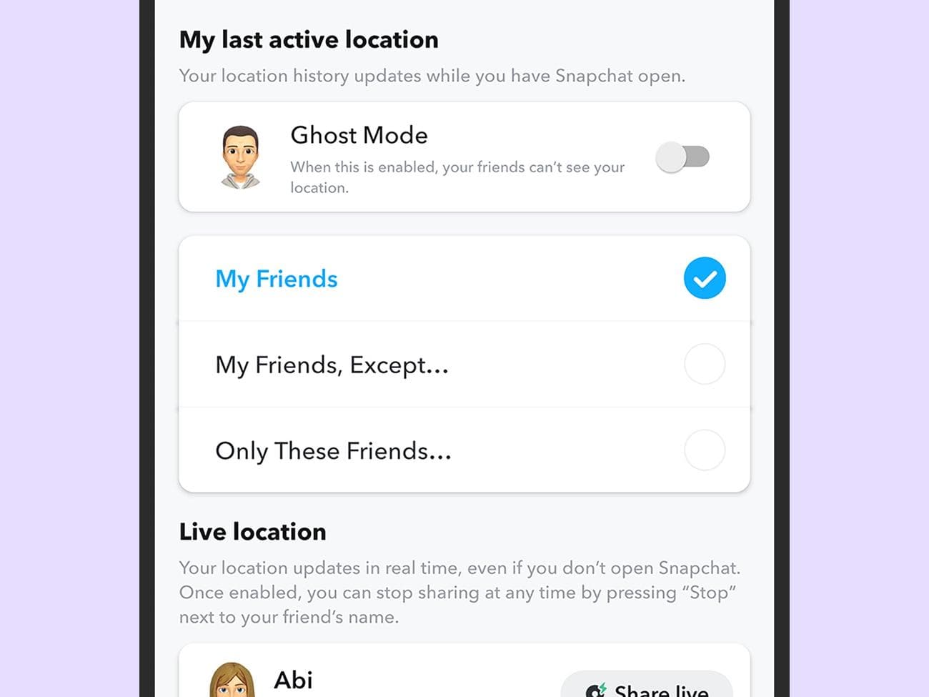 Η διεπαφή Snapchat, που δείχνει πώς να μοιράζεστε την τοποθεσία σας και άλλες ρυθμίσεις τοποθεσίας, συμπεριλαμβανομένης της λειτουργίας Ghost, η οποία θα σας κρύψει από το Snap Map.