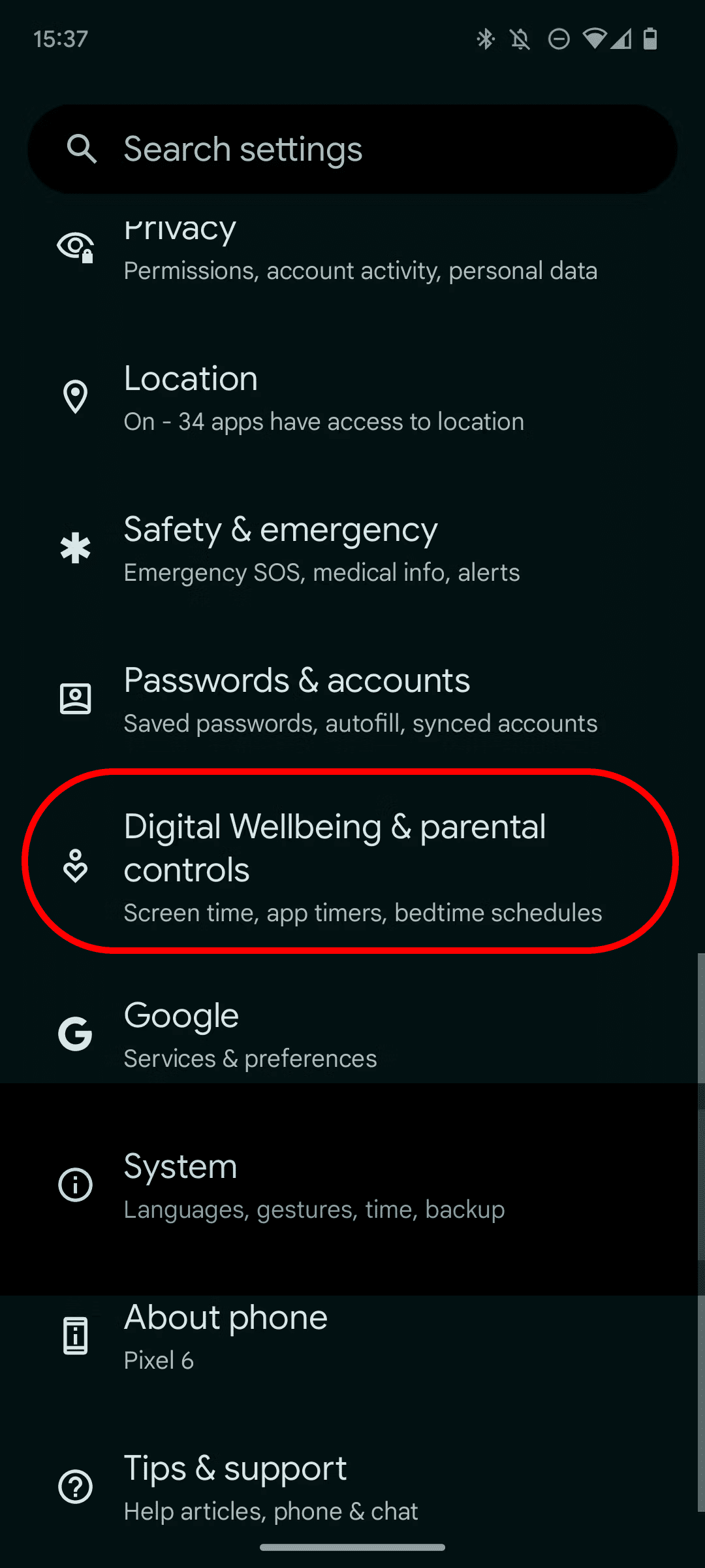 Άνοιγμα Digital wellbeing στο μενού Ρυθμίσεις Android.