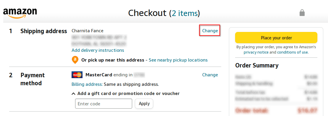 Επιλέξτε Αλλαγή στο ταμείο για να αλλάξετε τη διεύθυνση αποστολής σας στο Amazon