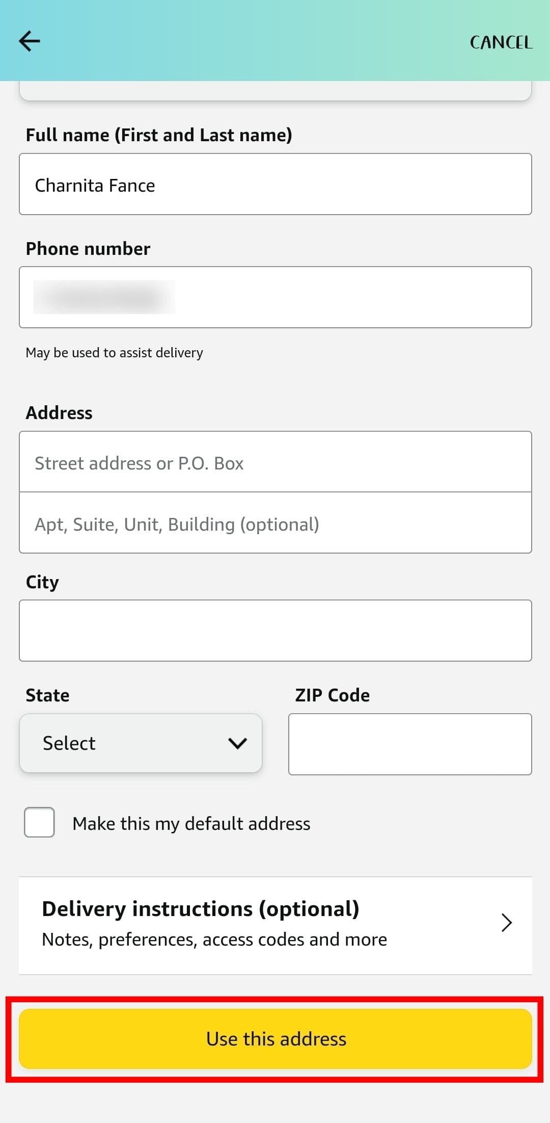 Προσθέστε μια νέα διεύθυνση στο ταμείο Amazon στην εφαρμογή για κινητά