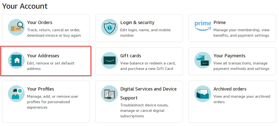 Επιλέξτε τις διευθύνσεις σας κάτω από τον λογαριασμό σας στο Amazon για να δείτε το βιβλίο διευθύνσεών σας
