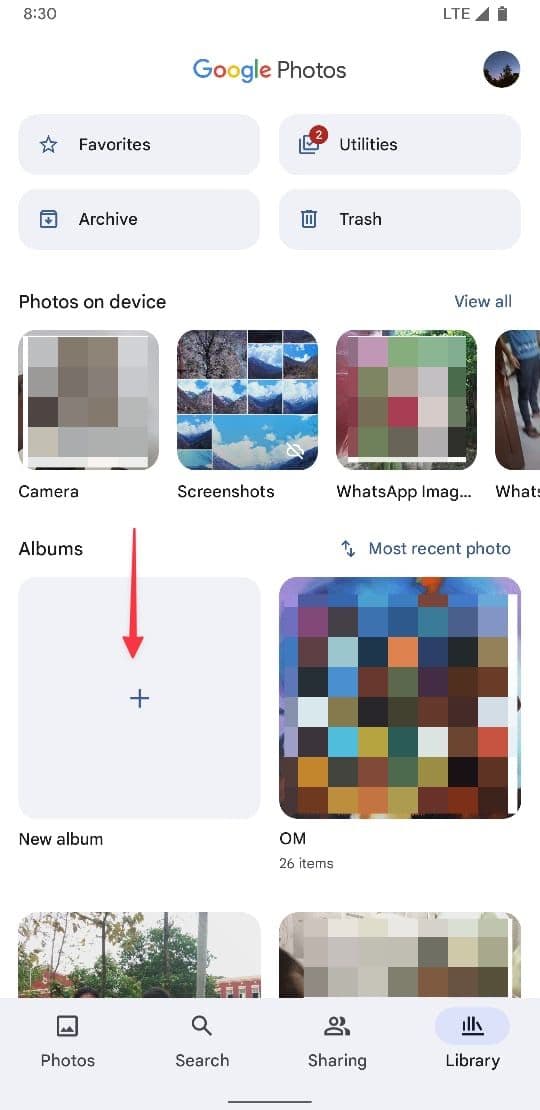 Στιγμιότυπο οθόνης της καρτέλας Βιβλιοθήκη της εφαρμογής Φωτογραφίες Google που δείχνει το κουμπί Νέο άλμπουμ