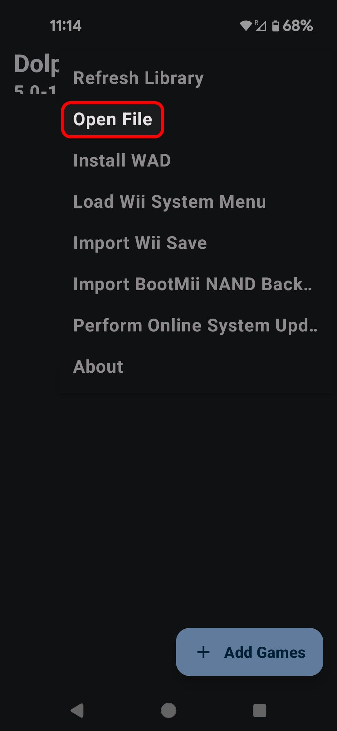 Μενού 3 κουκκίδων για φορητές συσκευές Dolphin Emulator που επισημαίνει την επιλογή Άνοιγμα αρχείου