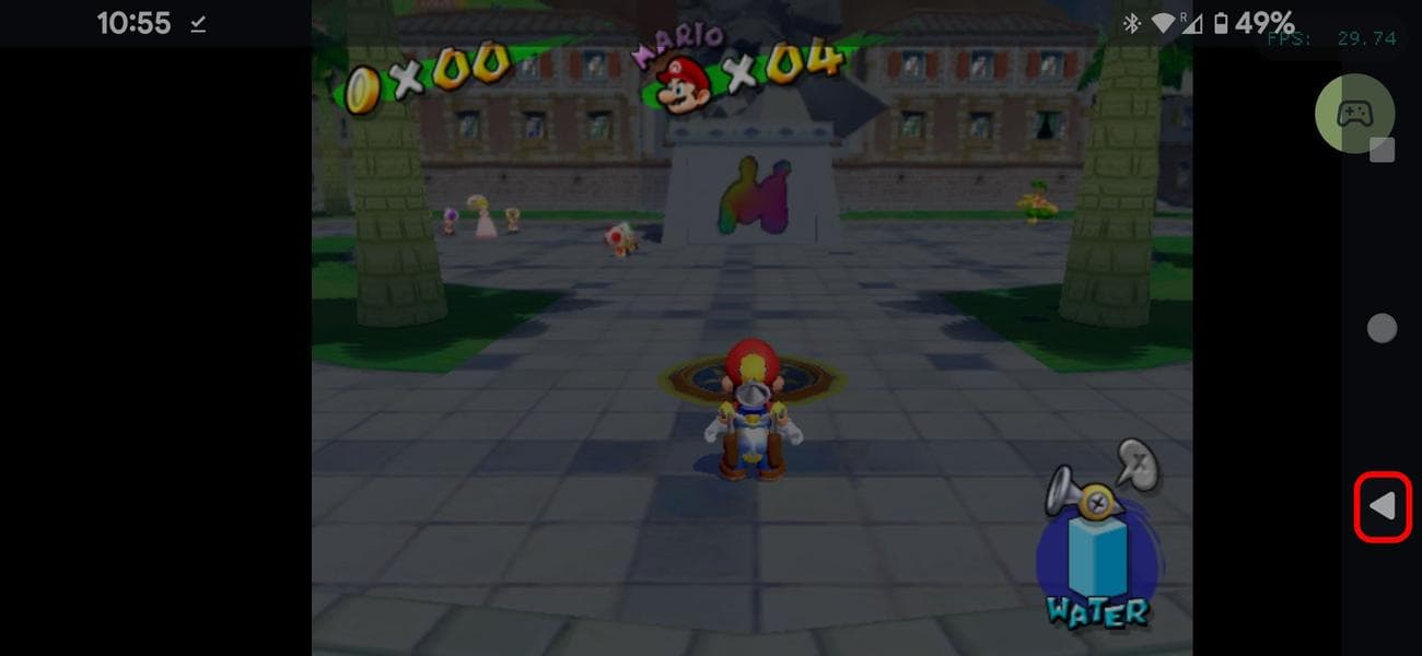 Το παιχνίδι για φορητές συσκευές Dolphin Emulator επισημαίνει το κουμπί επιστροφής Android