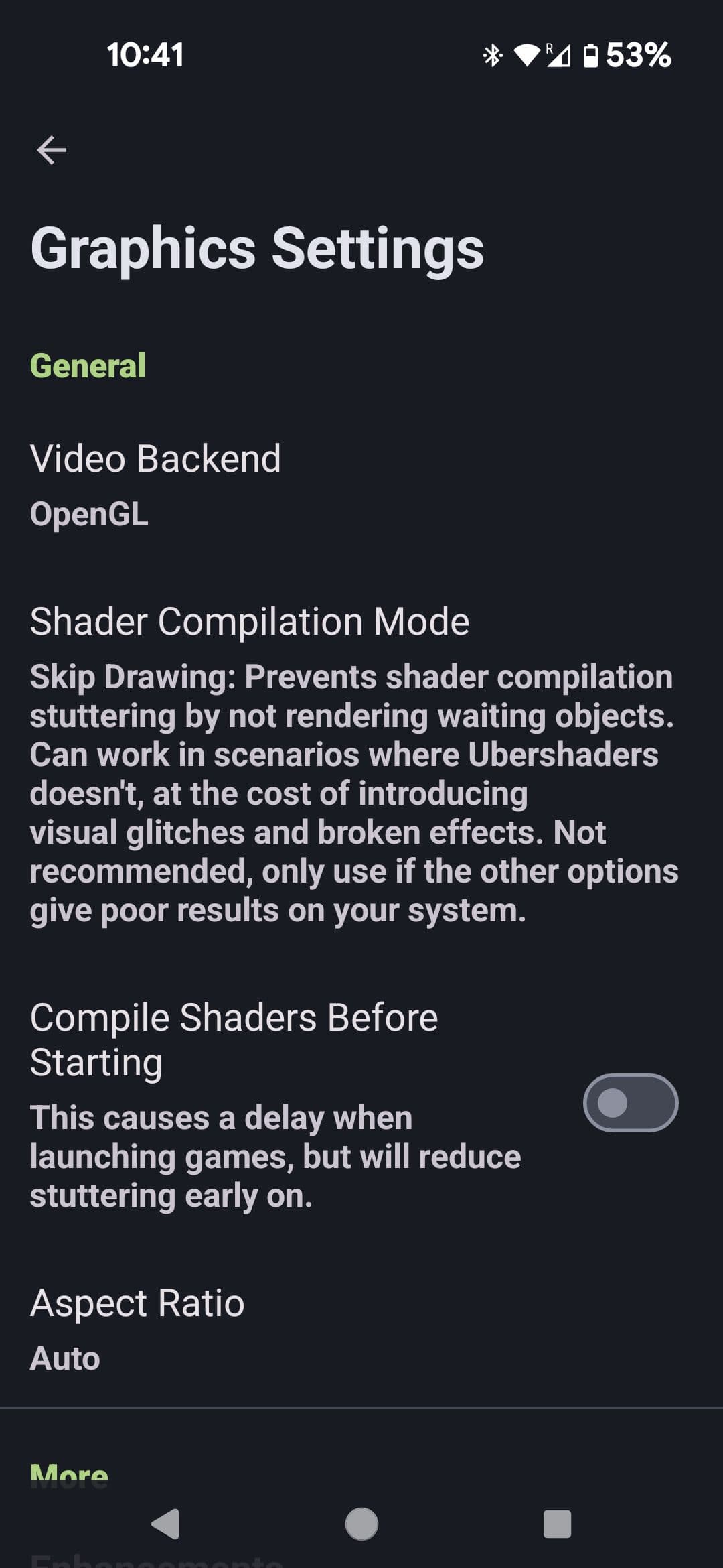 Μενού ρυθμίσεων γραφικών για φορητές συσκευές Dolphin Emulator