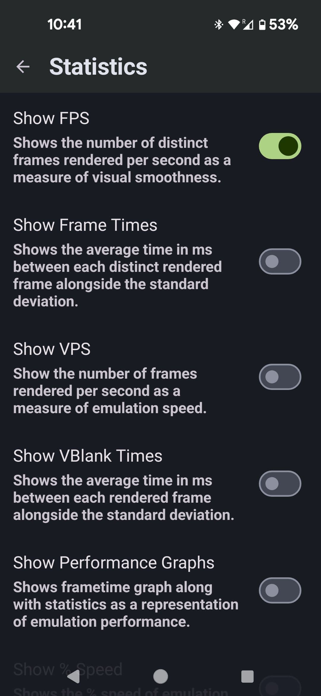 Μενού στατιστικών ρυθμίσεων γραφικών για φορητές συσκευές Dolphin Emulator