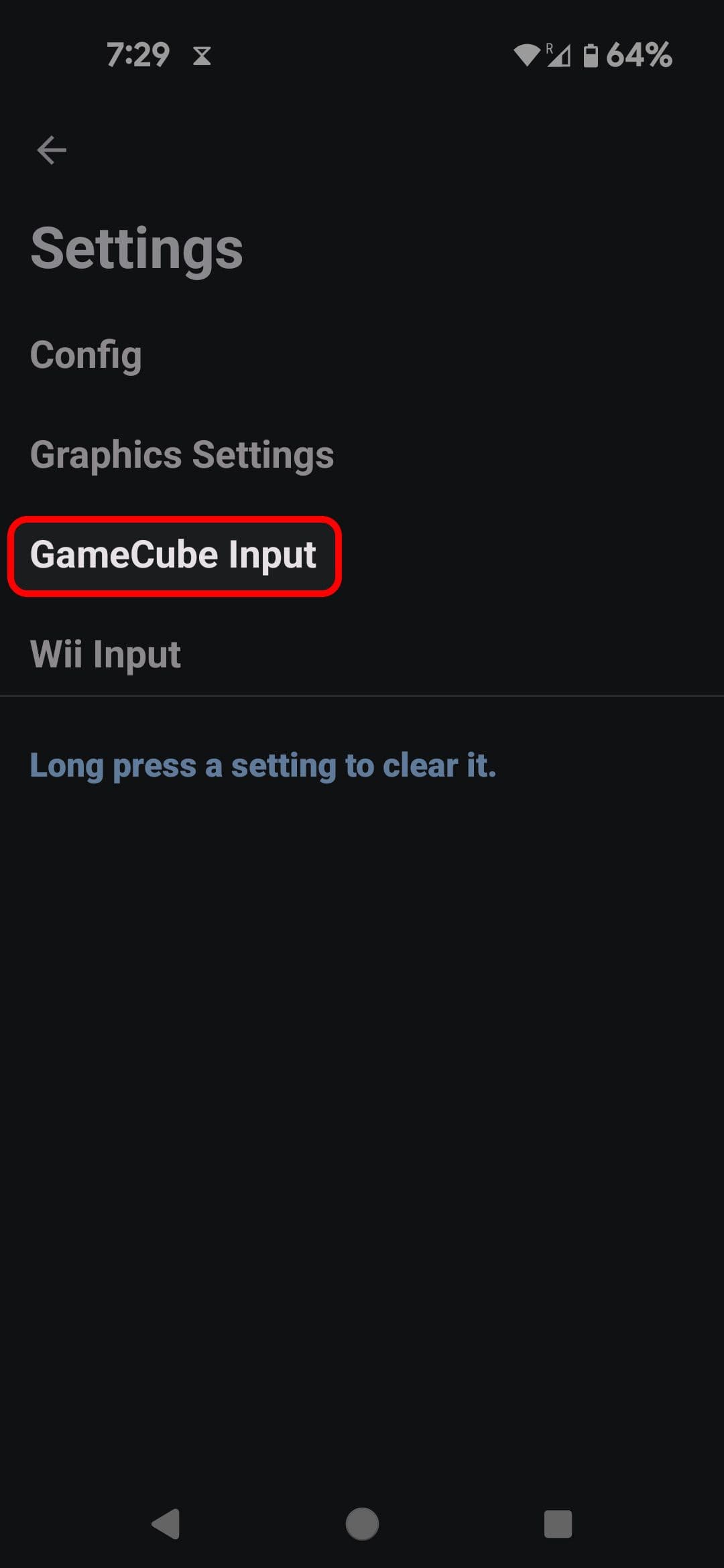 Το μενού ρυθμίσεων κινητού του Dolphin Emulator επισημαίνει την επιλογή Εισαγωγή GameCube
