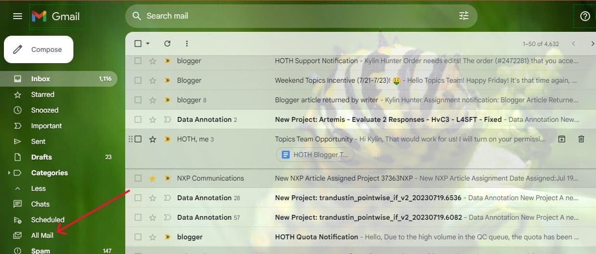 Επιλέξτε Όλα τα μηνύματα για να αποκτήσετε πρόσβαση σε όλα τα μηνύματα στο χώρο σας στο Gmail.