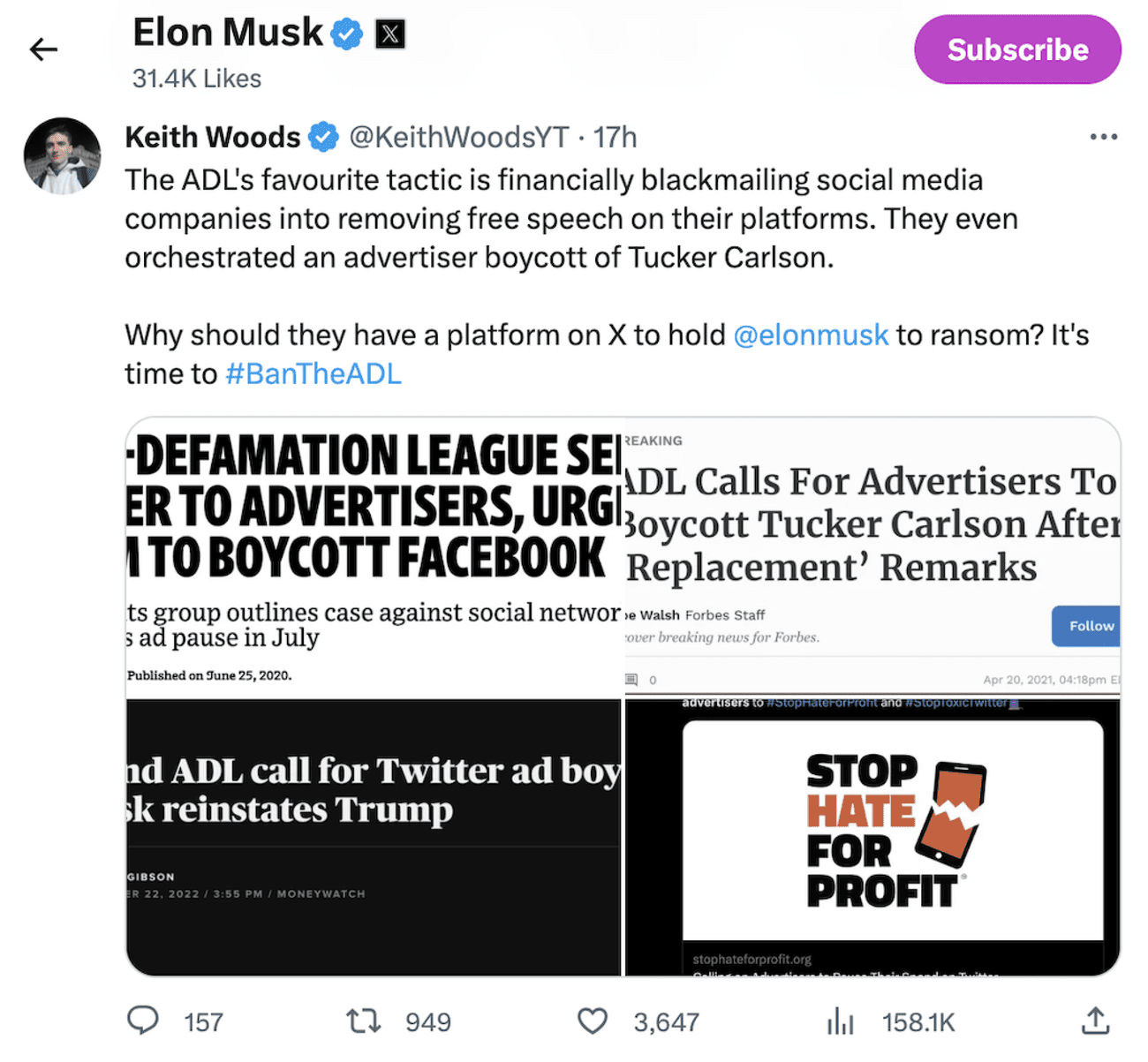 , Ο Έλον Μασκ «μου αρέσει» στις δημοφιλείς αναρτήσεις #BanTheADL καθώς η διαφήμιση της λευκής υπεροχής προβάλλεται στην πλατφόρμα, TechWar.gr