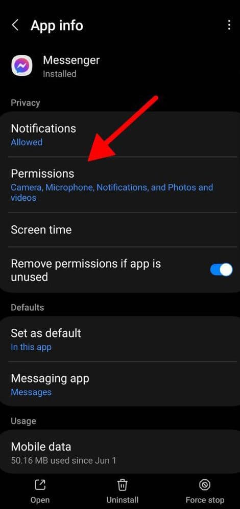 Μενού ρυθμίσεων Messenger με Ενδεικτικά δικαιώματα