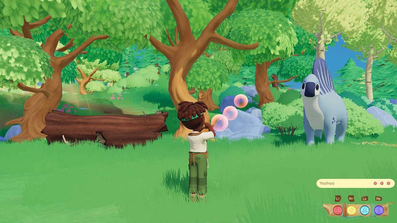 Ένας παίκτης χρησιμοποιεί το φλάουτο για να εκτελέσει ένα τραγούδι για τον τεράστιο Ουρανόσαυρο από το Paleo Pines.