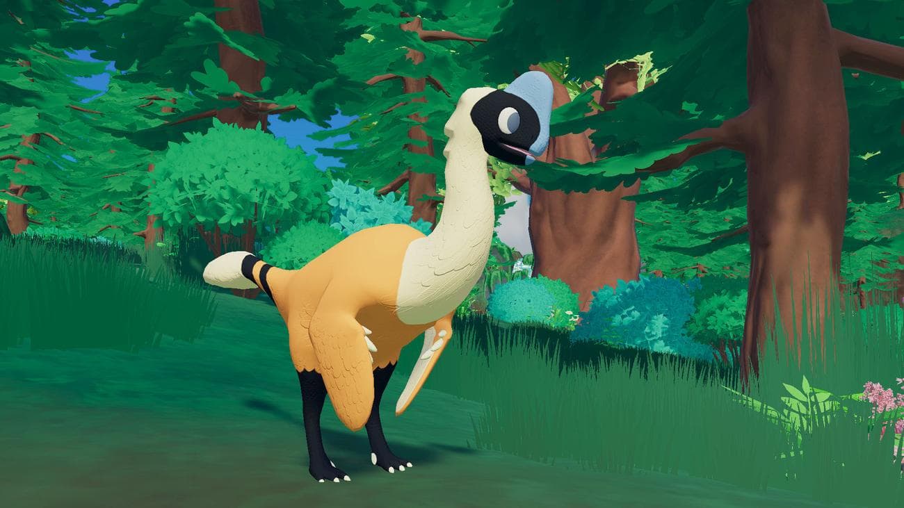 Paleo Pines Oviraptor που στέκεται σε μια δασώδη περιοχή.