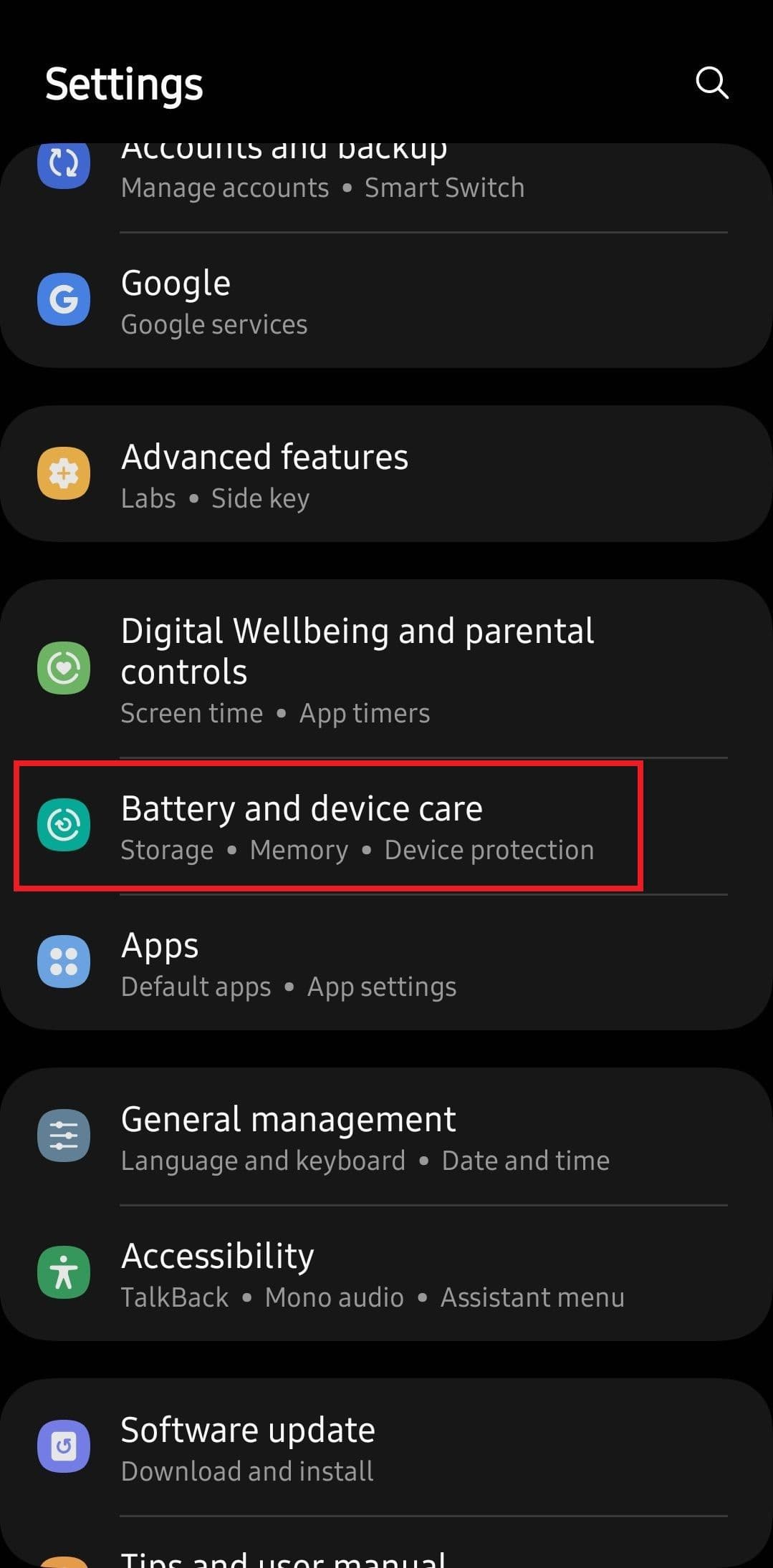 Στιγμιότυπο οθόνης που επισημαίνει Φροντίδα μπαταρίας και συσκευής σε τηλέφωνο Samsung