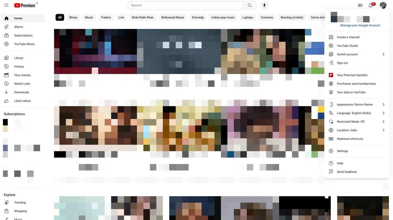 Το μενού εναλλαγής προφίλ YouTube εμφανίζει διάφορες επιλογές