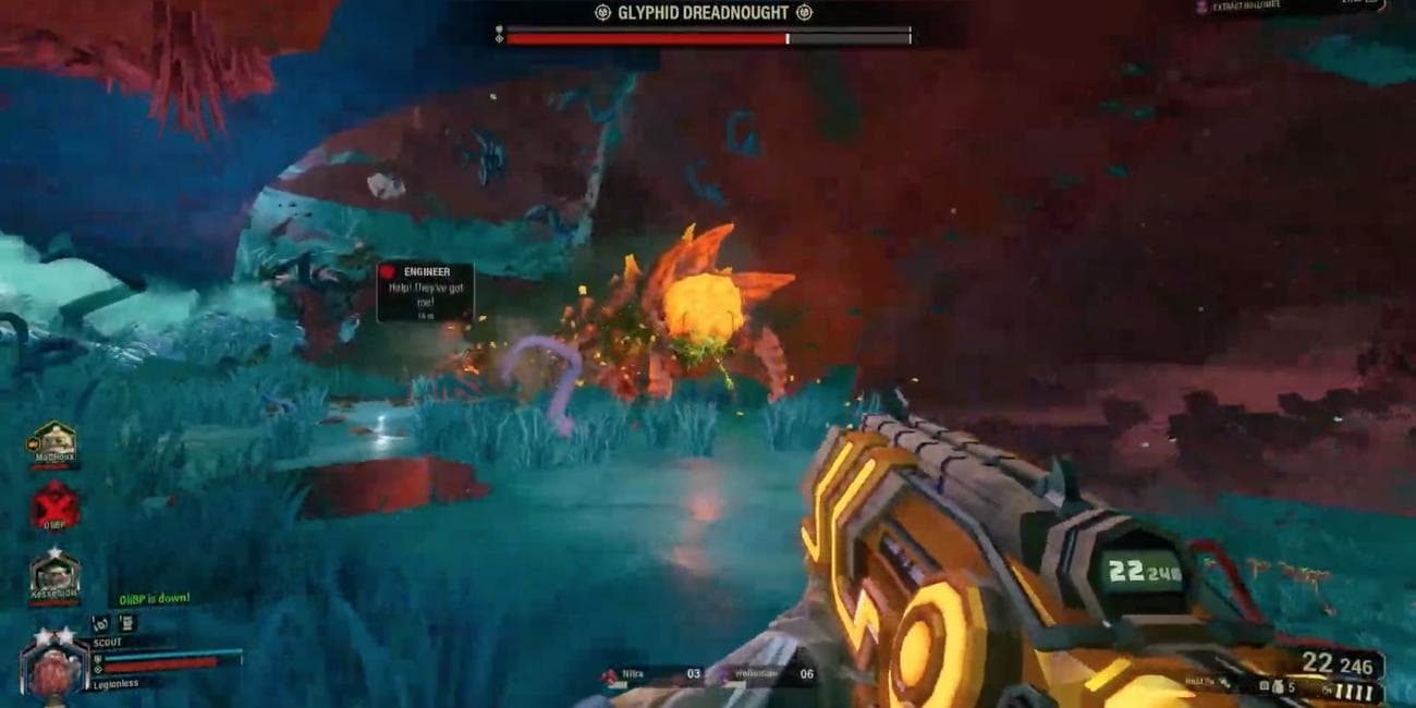 Deep Rock Galactic - Deepcore GK2 - Player attacks creatures with an assault rifle