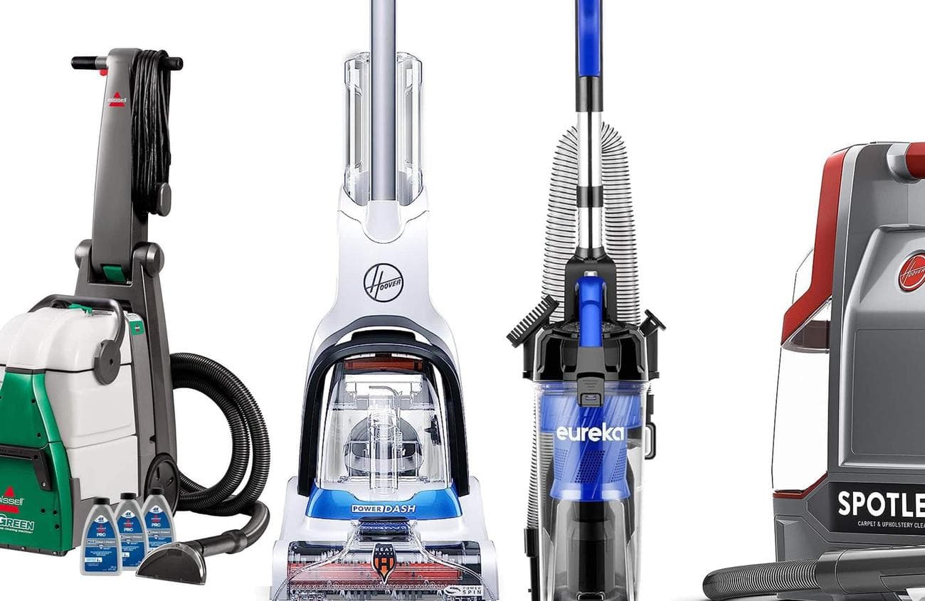 Four carpet cleaner machines from Hoover, Bissell, and Eureka.