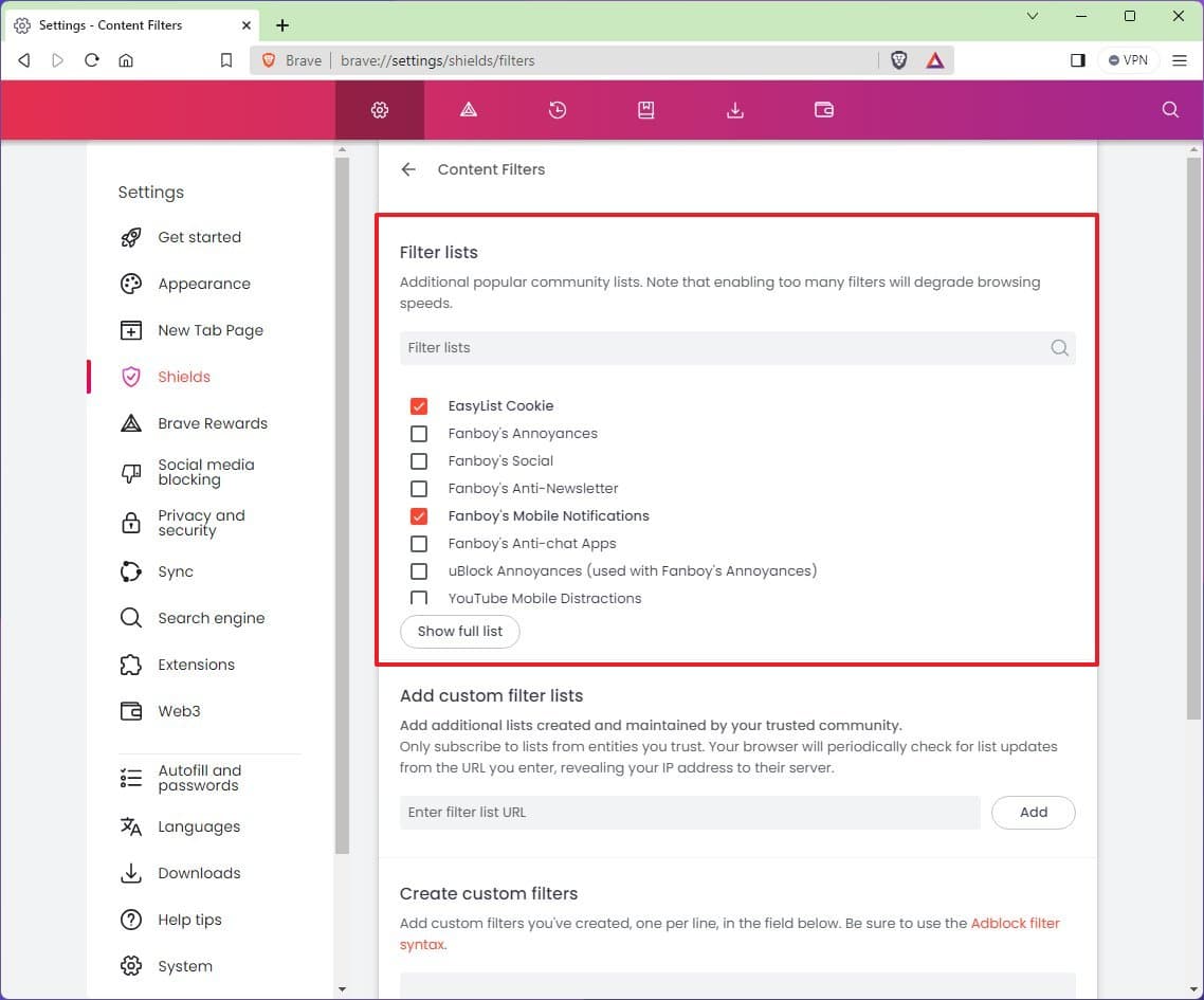 Brave content filtering