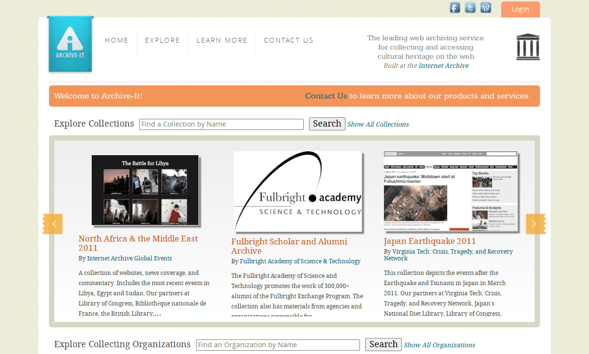 Στιγμιότυπο οθόνης της αρχικής σελίδας Archive-It