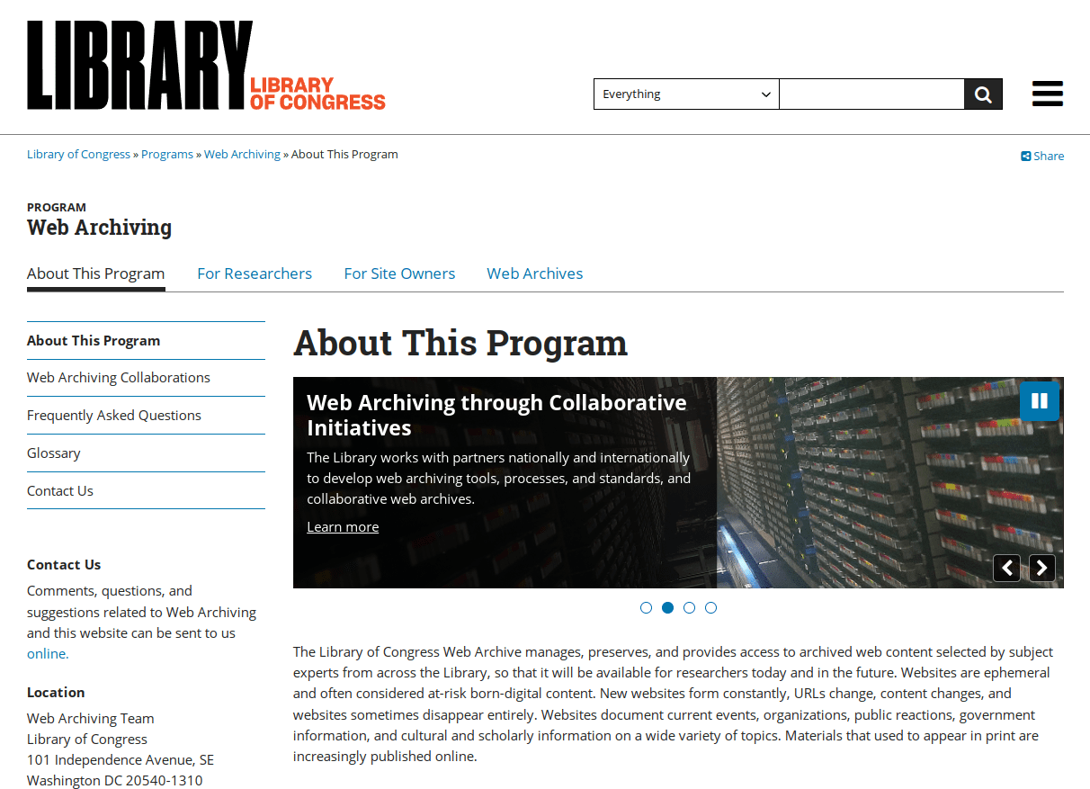 Στιγμιότυπο οθόνης της αρχικής σελίδας του αρχείου Ιστού της Βιβλιοθήκης του Κογκρέσου