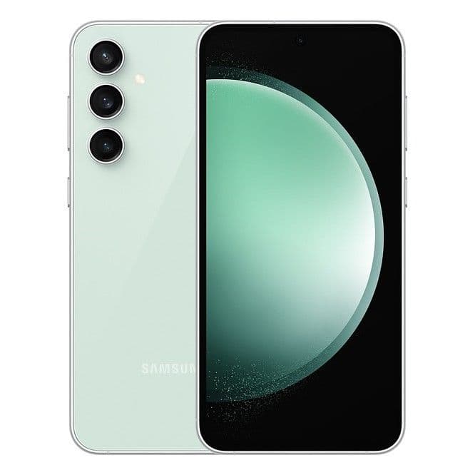 Εμπρός και πίσω μέρος του Samsung Galaxy S23 FE σε Mint Green 