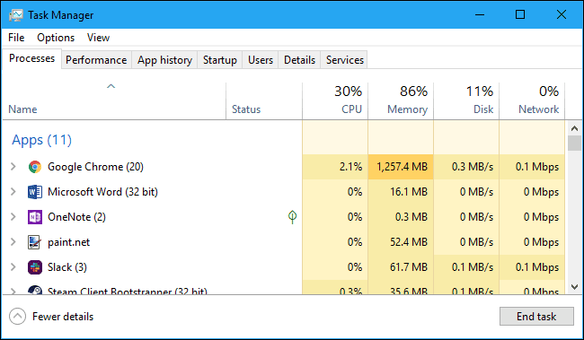 Viewing app resource usage in the Windows Task Manager