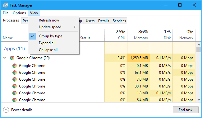 The View menu in the Task Manager
