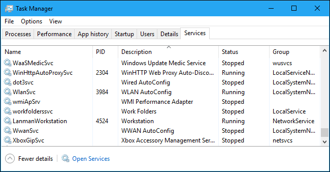 The Services tab in the Task Manager