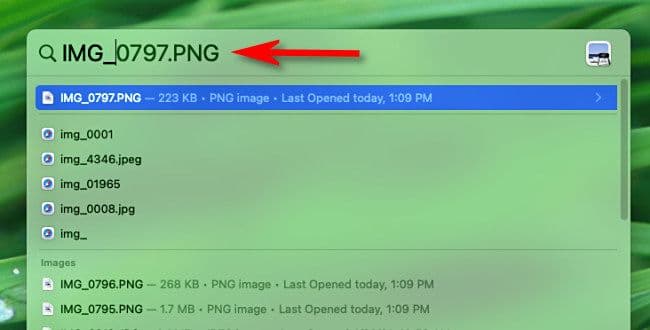 Πληκτρολογήστε ένα όνομα αρχείου στην Αναζήτηση Mac Spotlight.