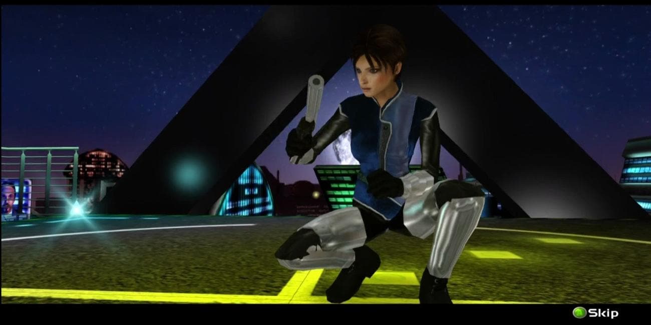 Η Joanna Dark κρατά ένα όπλο σε μια ταράτσα